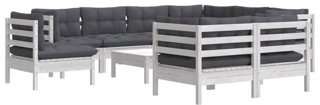 10 pcs conj. lounge de jardim c/ almofadões pinho maciço branco