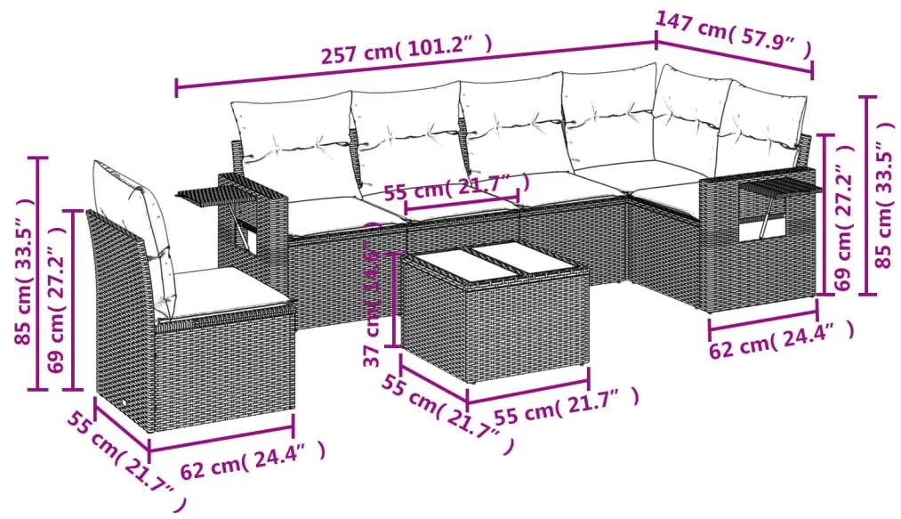 7 pcs conjunto sofás p/ jardim c/ almofadões vime PE cinzento