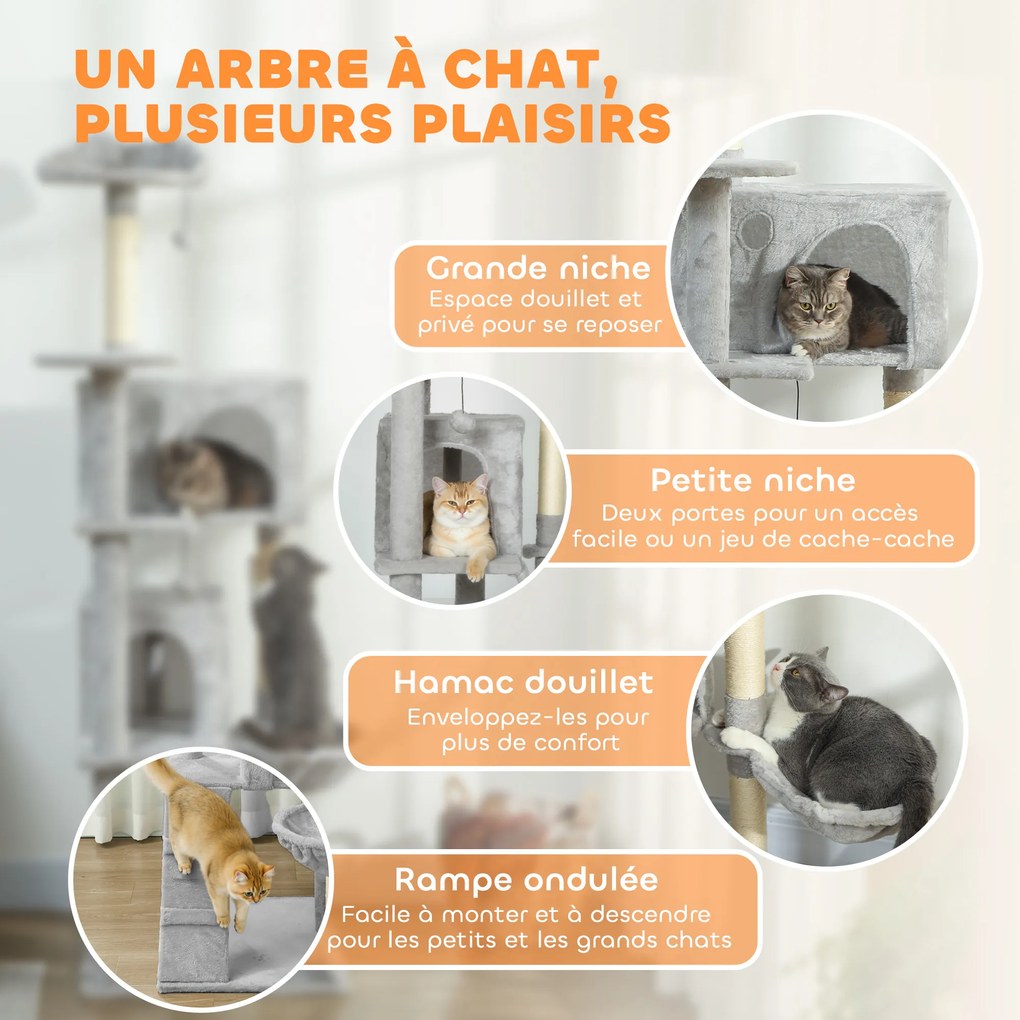 Arranhador para gatos com torre de brincadeiras, plataformas, compartimentos abertos, cama, rede, escada e arranhadores de sisal 56x56x180 cm cinzento