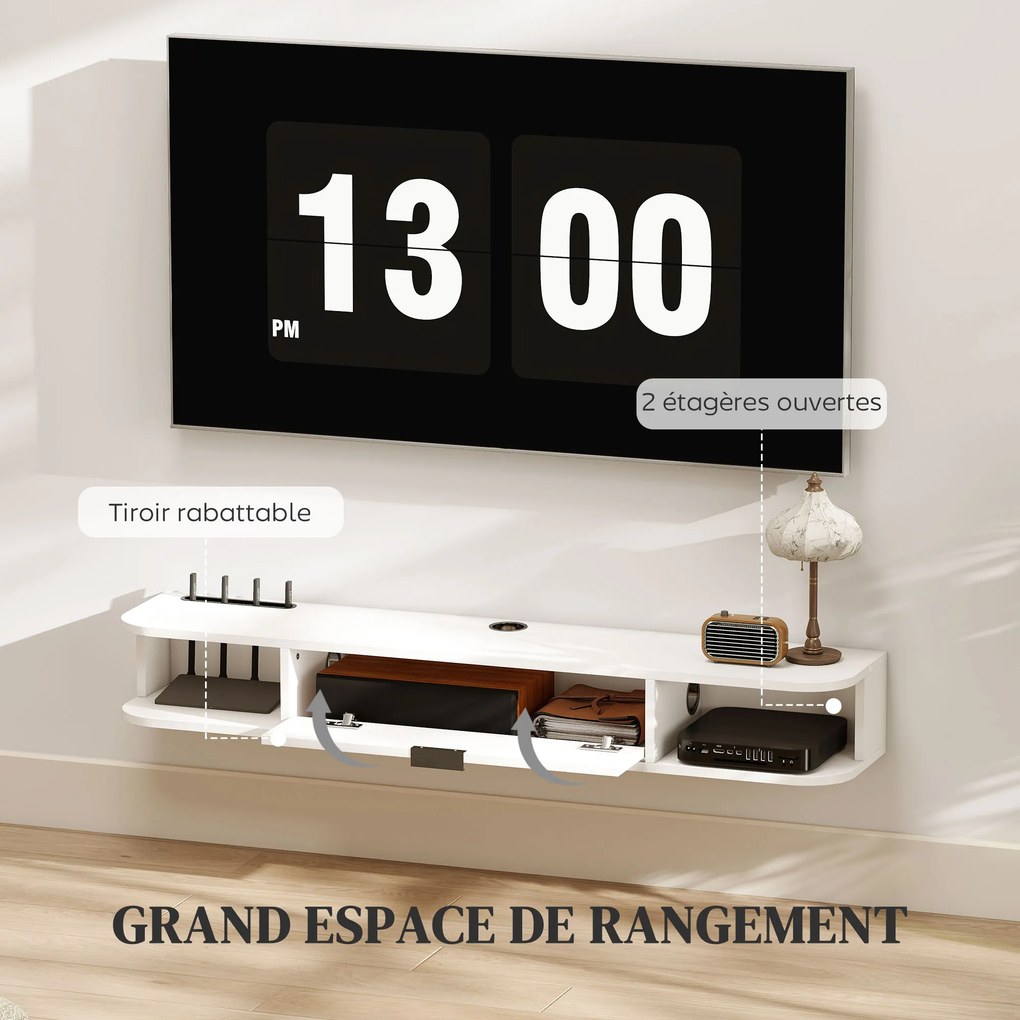Móvel de TV suspenso, móvel para televisores até 50 polegadas, com gaveta rebatível e 2 prateleiras, 120 x 24 x 16 cm, branco