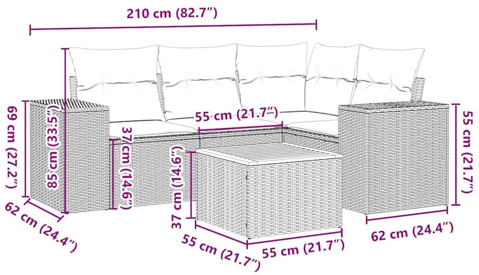 5 pcs conjunto sofás de jardim com almofadões vime PE preto