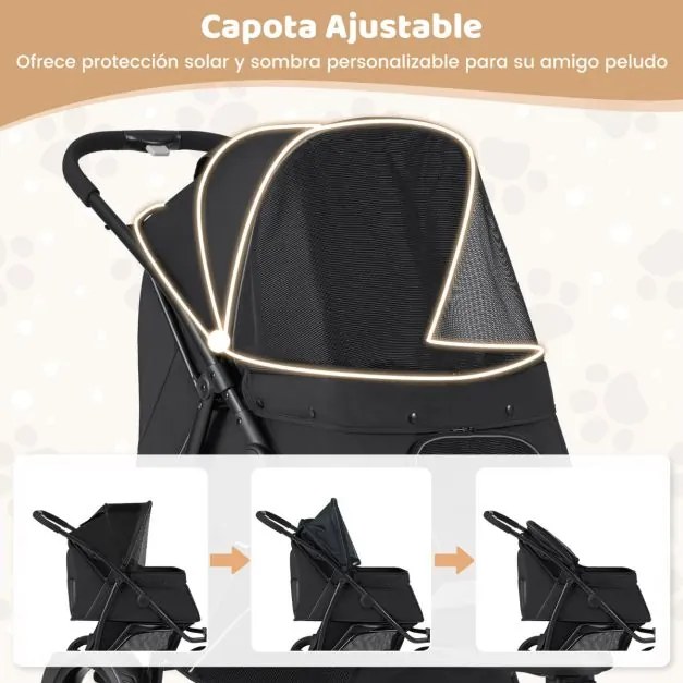 Carrinho de 3 rodas para cães pequenos e médios dobrável para animais de estimação com rodas todo-o-terreno Travão Capota ajustável Preto