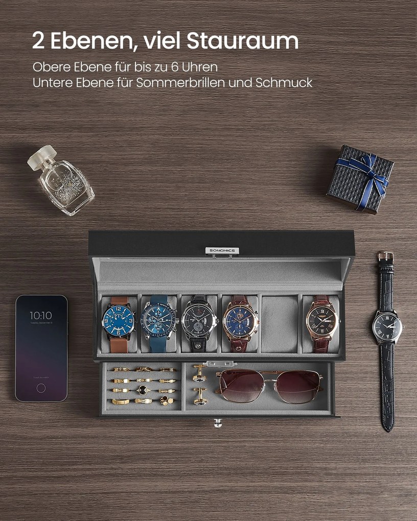 Caixa para relógios com 2 níveis 10 x 32,5 x 13,5 cm, revestimento em PU preto e forro interior cinzento