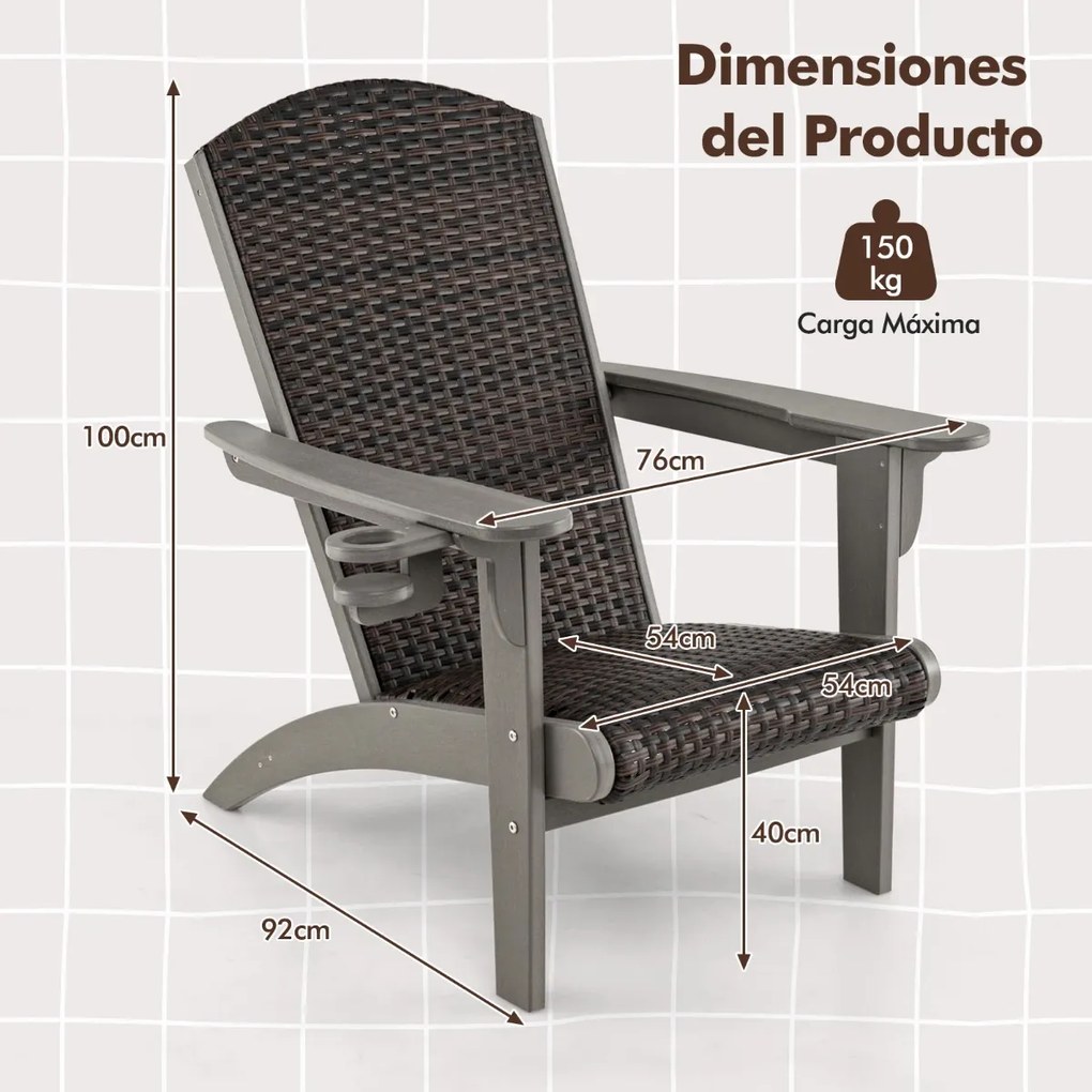 Cadeira Adirondack para Jardim em HDPE com assento e encosto almofadados em rattan, braços largos e porta-copos Cor do rattan Castanho misturado e Bra