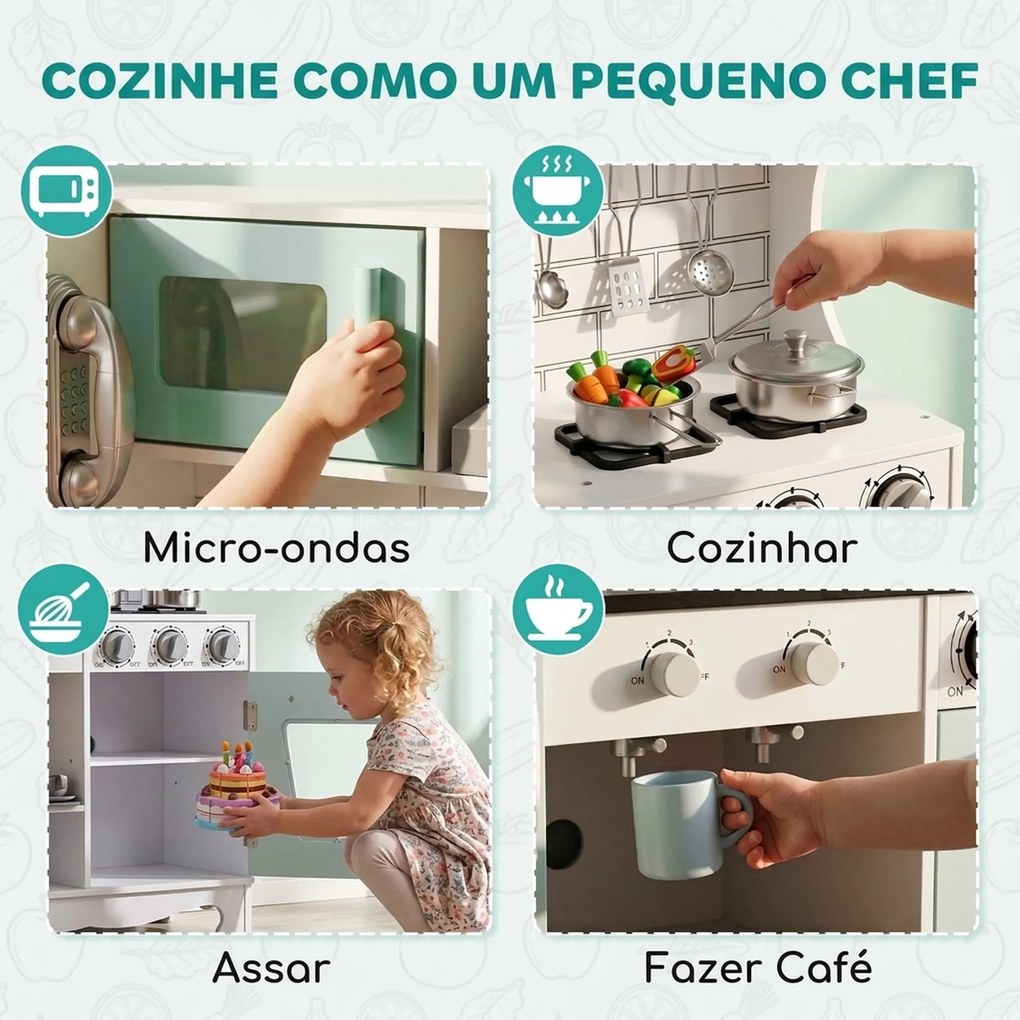 Cozinha de Madeira com Luzes e Sons, Exaustor, Dispensador de Água, Máquina de Café, Frigorífico e Forno
