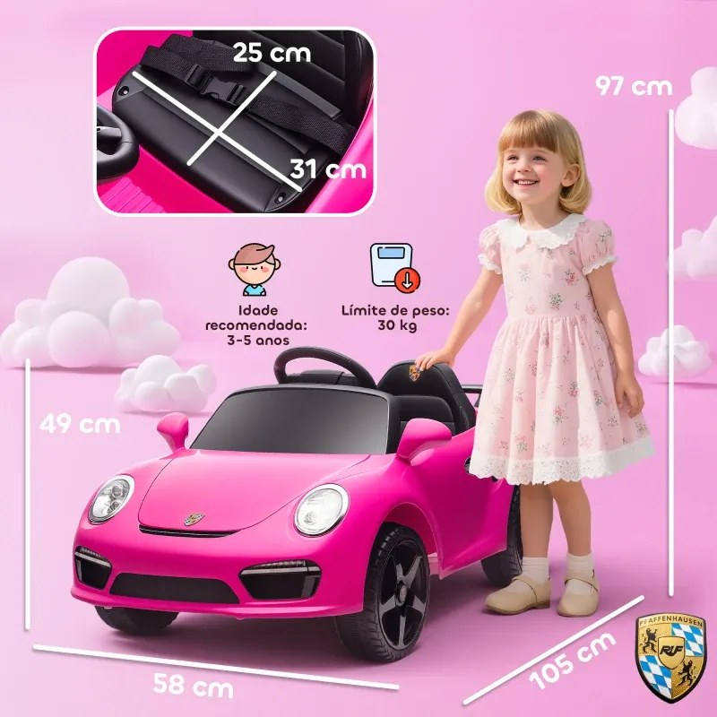 Carro Elétrico para Crianças de Polícia 12V com Motor Duplo Sirene Música Sem Fios Buzina Rodas Auxiliares e Faróis LED 105x58x49 cm Rosa