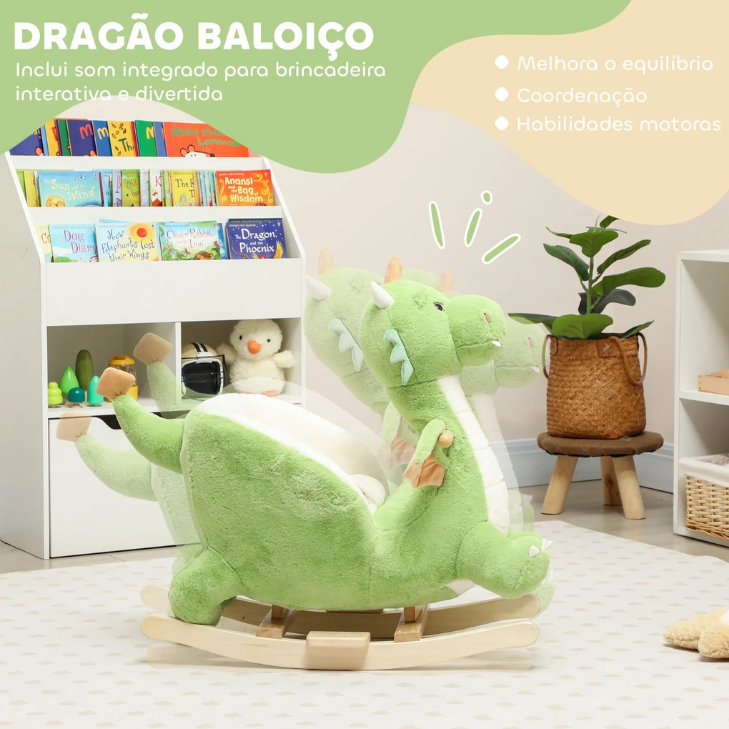 Baloiço para Bebés com Som de Dragão Base de Madeira Cinto de Segurança para Crianças de 18-36 Meses 65x38x72 cm Verde