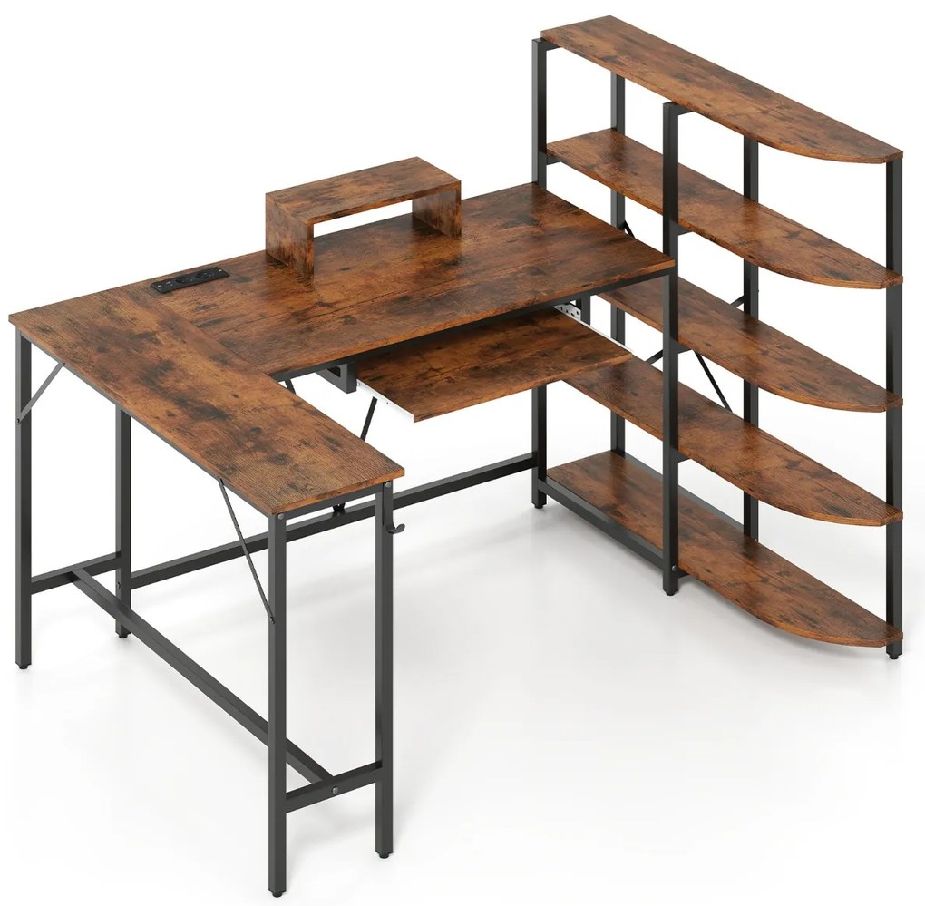 Mesa em L com prateleiras de armazenamento, mesa de canto para computador com estação de carregamento, mesa para jogos com suporte, branca