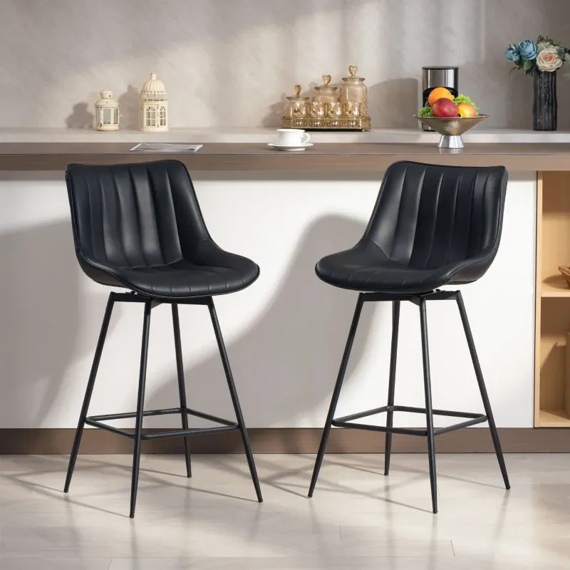 Conjunto de 2 Bancos de Bar Giratórios com Encosto Curvado e Apoio para os Pés Estofados em PU 47x54,5x97,5 cm Preto