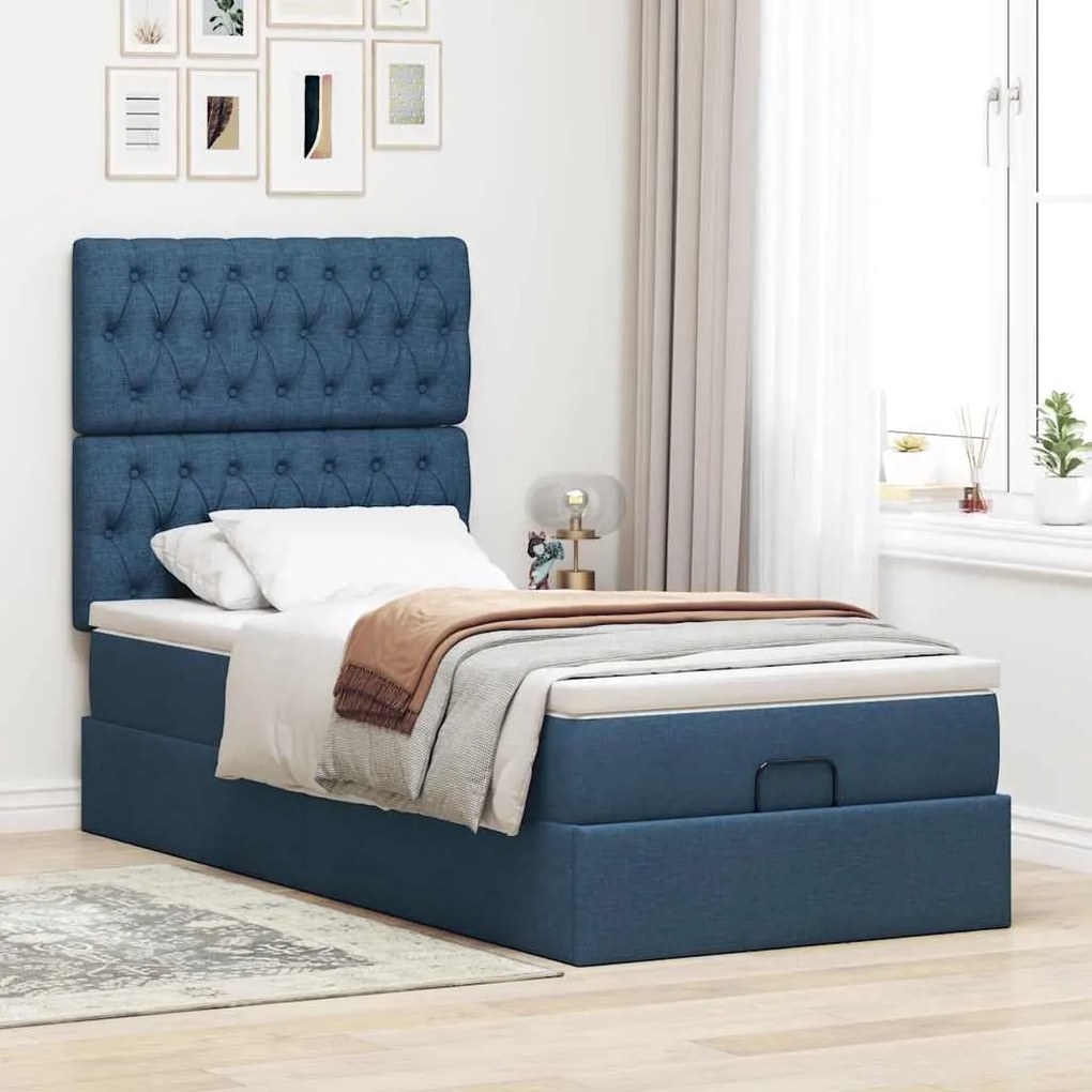 Cama Otomana com Colchão &amp; LEDs Tecido Azul 90x200 cm