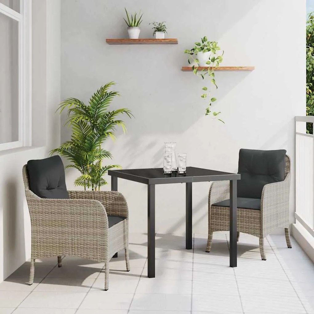 vidaXL Conjunto de Jantar de Jardim 3 Peças com Almofadas Cinzento-claro Vime PE