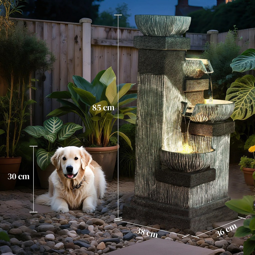 Fonte de jardim em cascata com 4 níveis e luzes LED, em resina, 38 x 36 x 85 cm, cinzenta