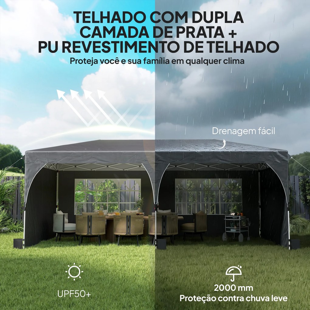 Tenda Dobrável 6x3 m Pop-up com 4 Laterais Amovíveis Tenda de Jardim com Faixas Refletoras Altura Ajustável UPF50+ Cinzento