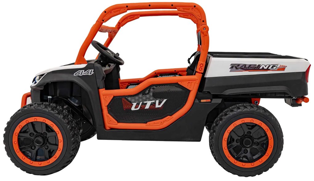 Carro elétrico para Crianças 2 Lugares Farmer Truck UTV Racing 24V 4x4 Rodas Espuma EVA, assento couro ecológico Branco e Laranja
