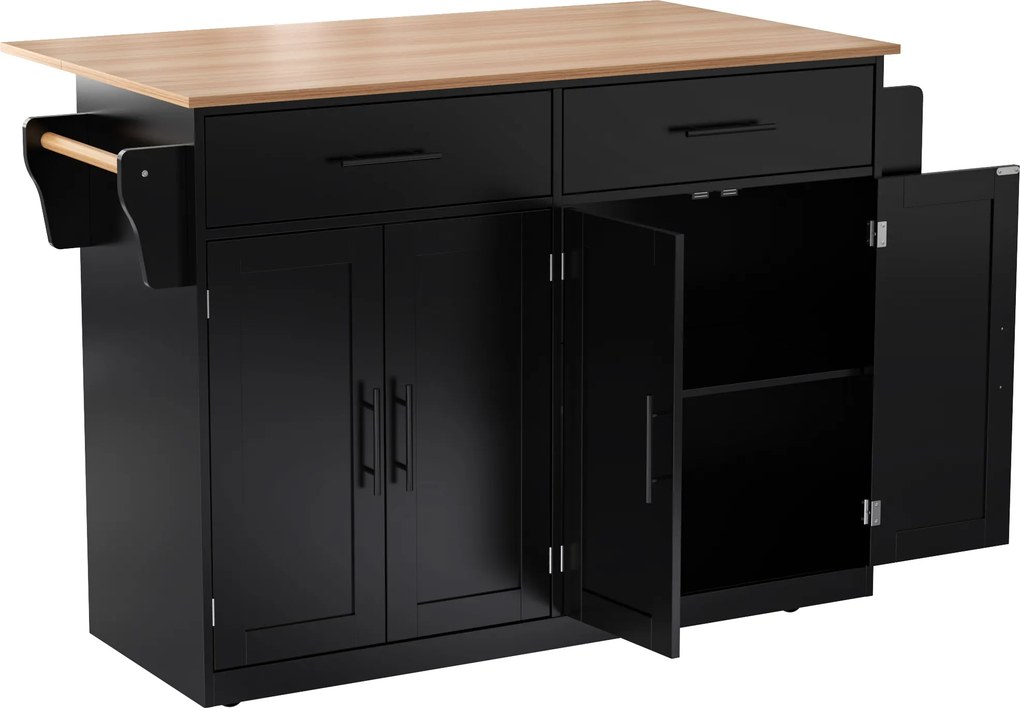 Carrinho de serviço com tampo de mesa dobrável, 2 gavetas e portas duplas, 136x46/71x91,5 cm, Preto+Cor natural| AOSOM Portugal