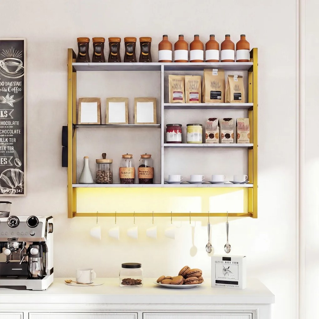 Prateleira suspensa 107 x 24 x 96 cm com luzes LED, controlo remoto via app, 6 níveis, 8 ganchos em S e bolso lateral para cozinha, bar ou casa – Bran