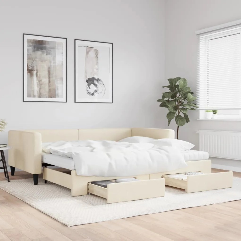 Sofá-cama com gavetão e gavetas 100x200 cm tecido cor creme