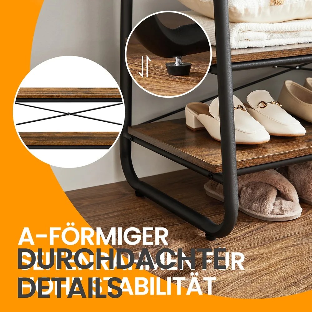 Guarda roupa aberto 45 x 100 x 160 cm, cabideiro com 2 prateleiras, 6 ganchos em forma de S castanho vintage-preto