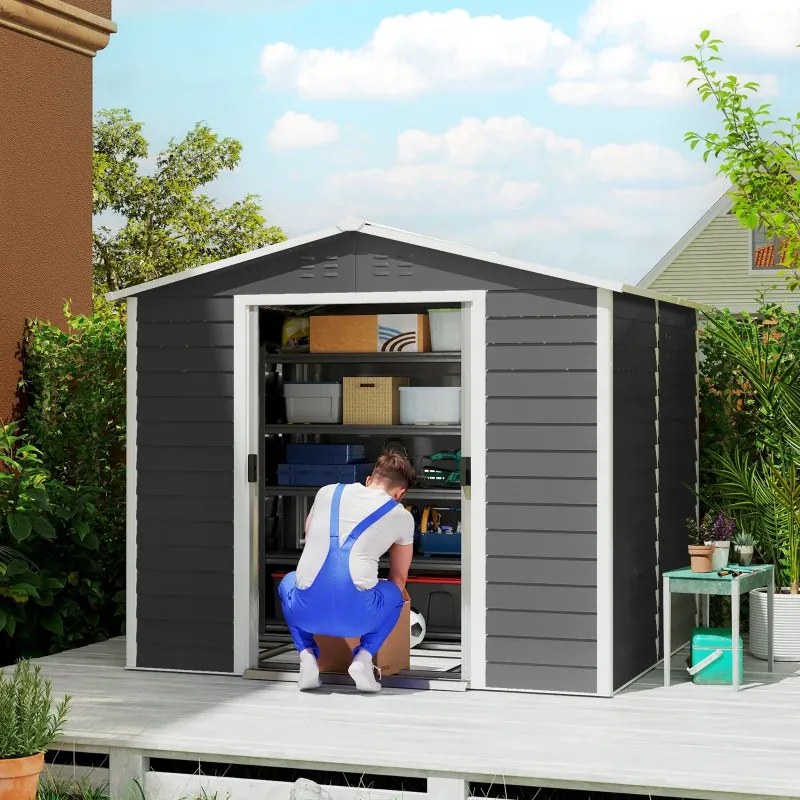 Abrigo de Jardim 4,4 m² 240x206x198 cm Abrigo de Jardim com Porta de Correr e Fechadura Cinza Escuro