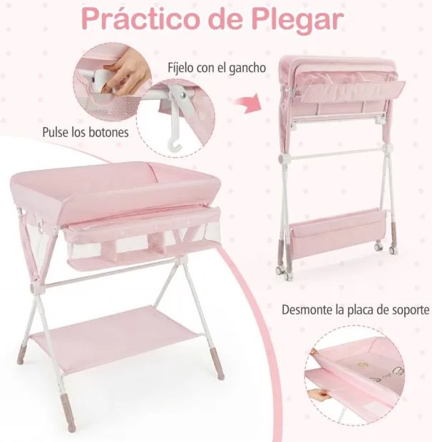 Mesa Trocador fraldas para Bebés Portátil e Dobrável Altura Ajustável 3 Níveis Organizador Móvel com Cesto Prateleira Rodas e Travão Rosa