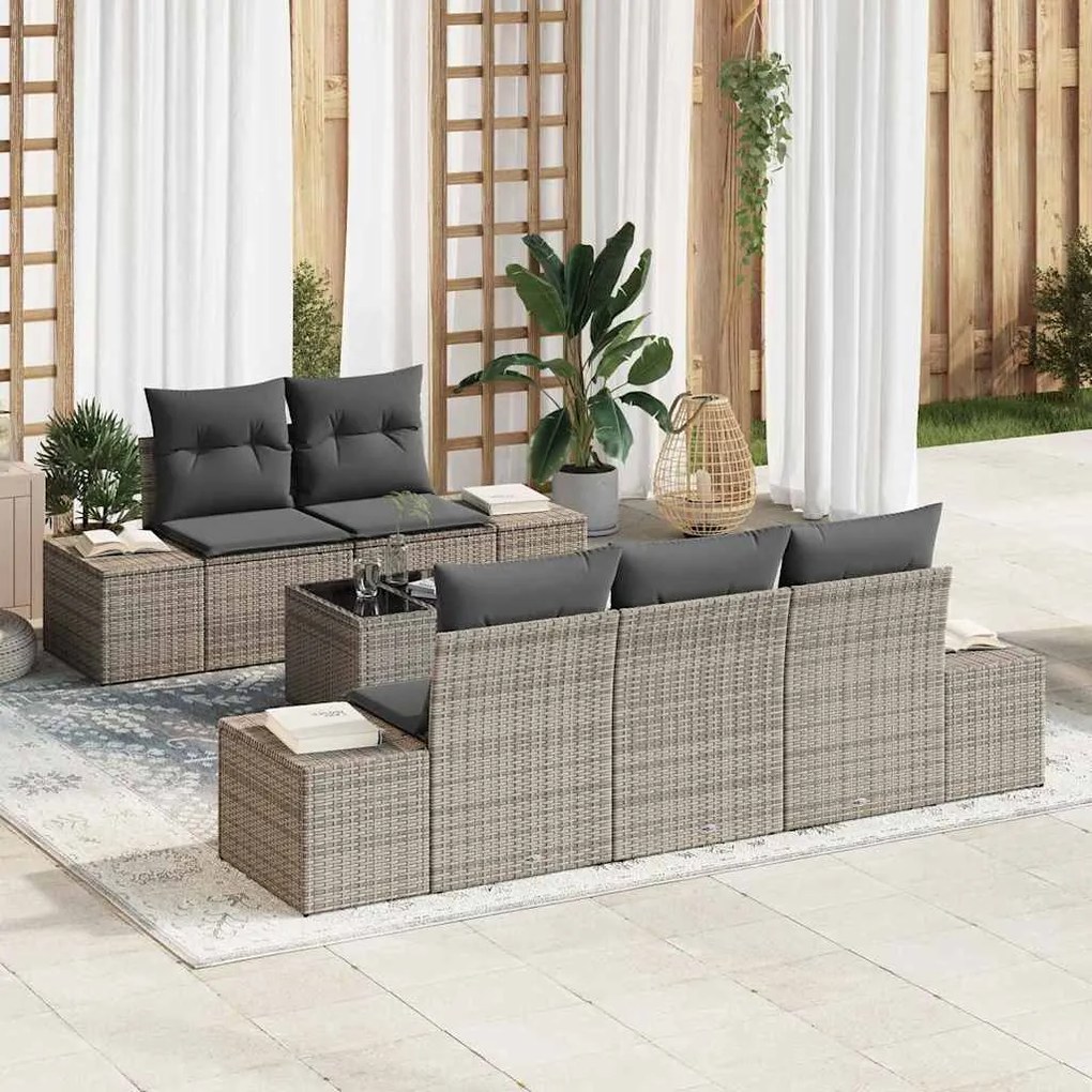 vidaXL Conjunto de Sofá de Jardim com almofada 6 pcs Cinzeto vime PE