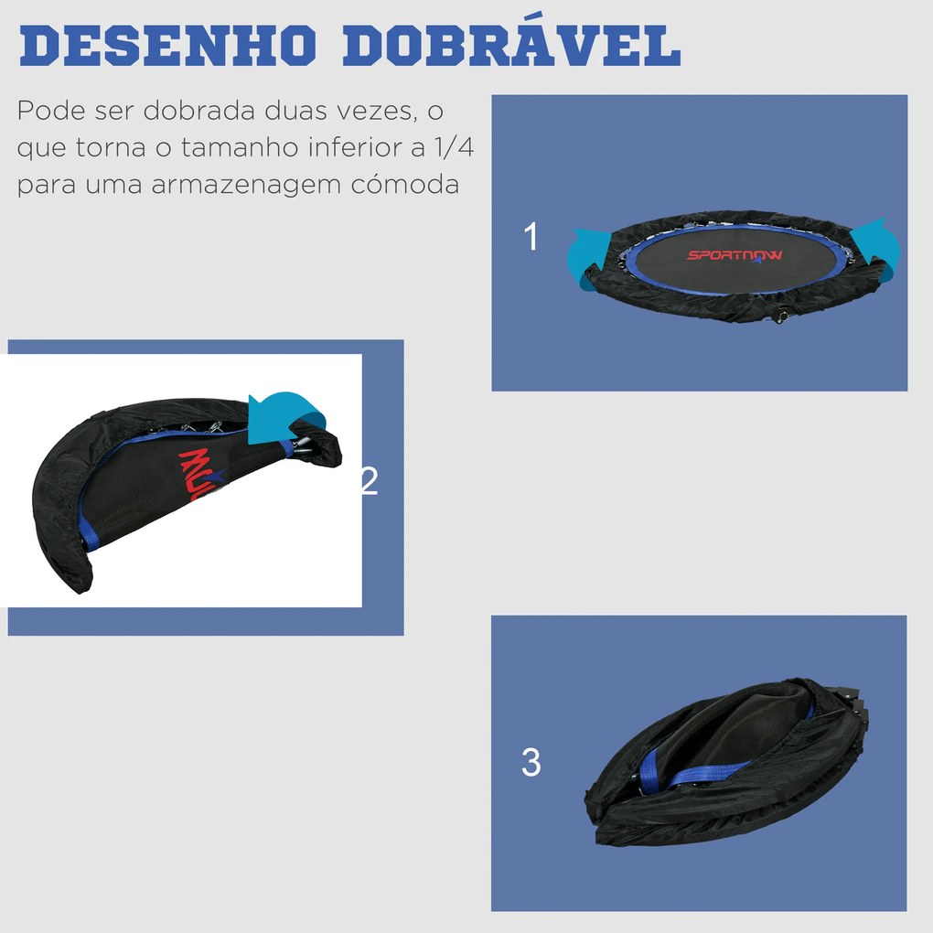 Trampolim Fitness Ø102 Trampolim Dobrável com Pega Ajustável em 4 Níveis Estrutura de Aço Azul