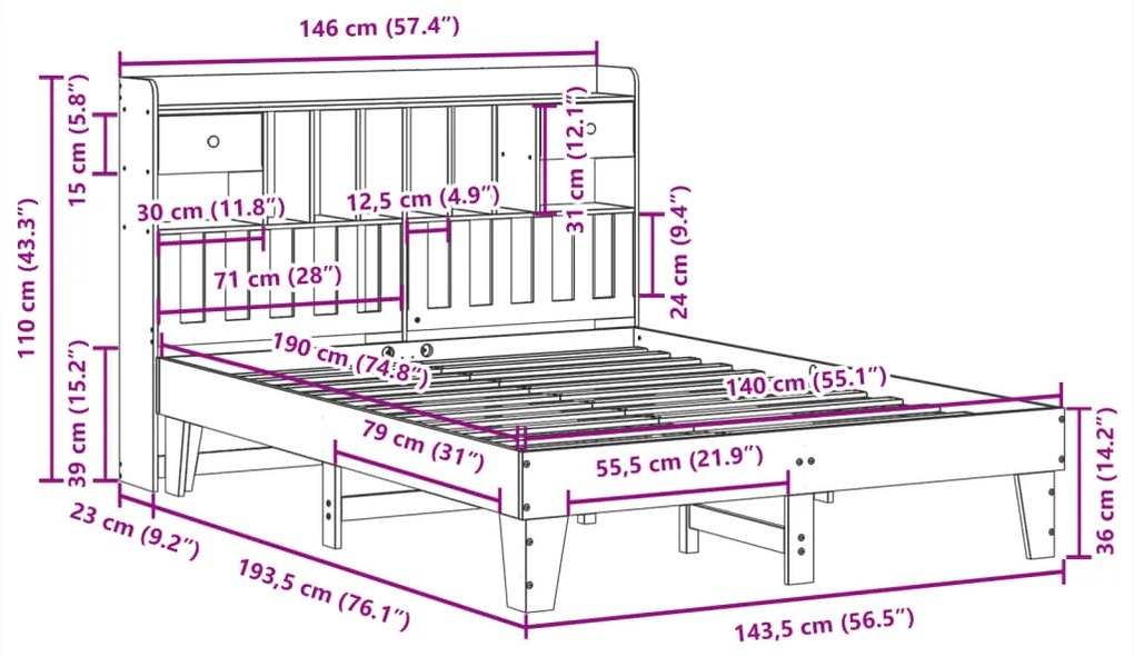 Cama sem colchão 140x190 cm madeira de pinho maciça branco