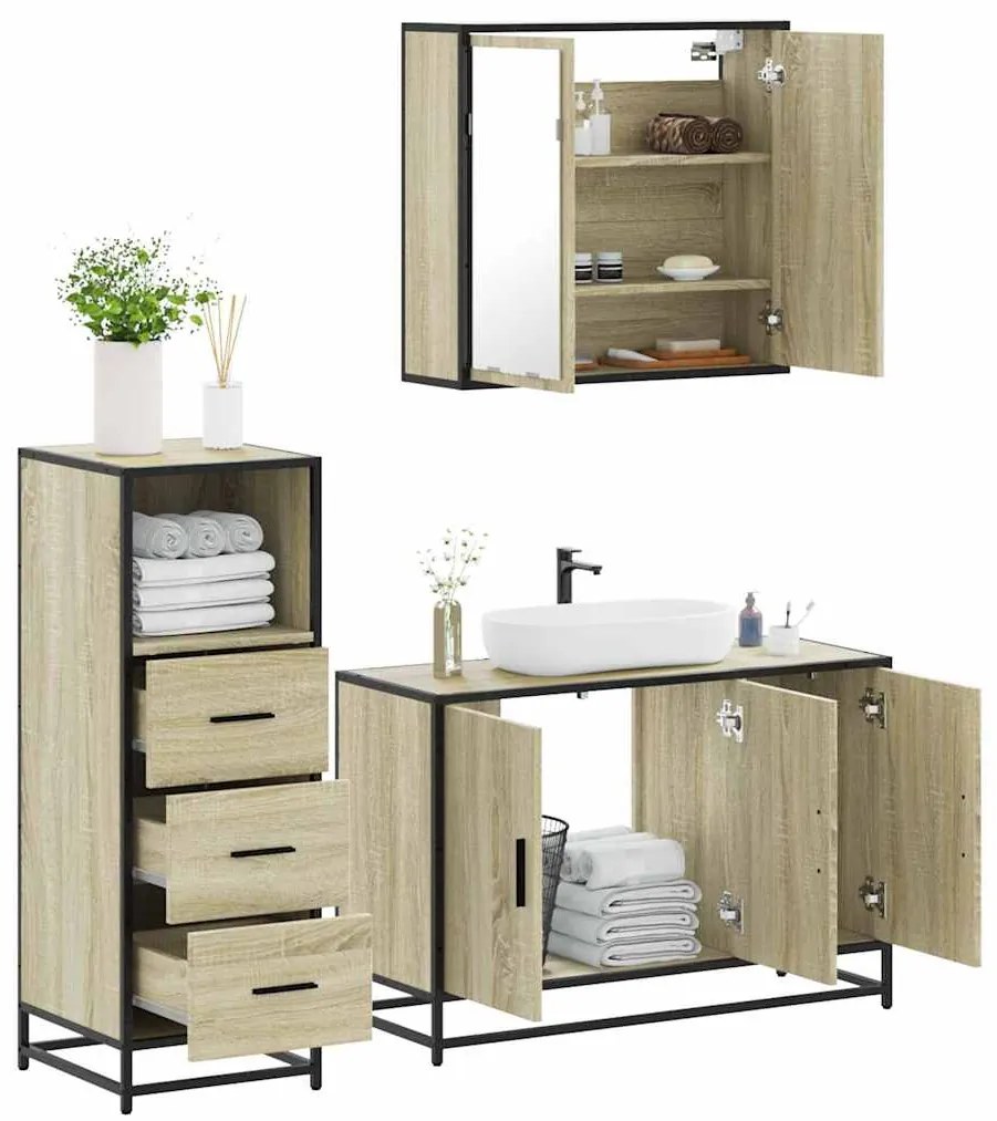 vidaXL 3 pcs conj. móveis casa banho derivados madeira carvalho sonoma