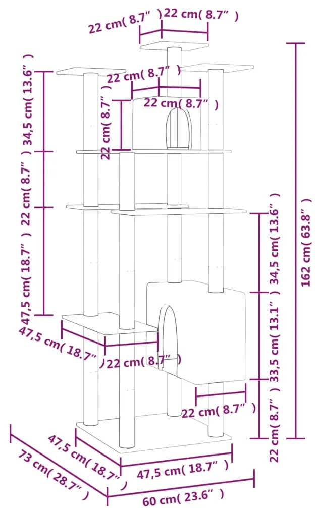 Árvore p/ gatos c/ postes arranhadores sisal 162cm cinza-escuro