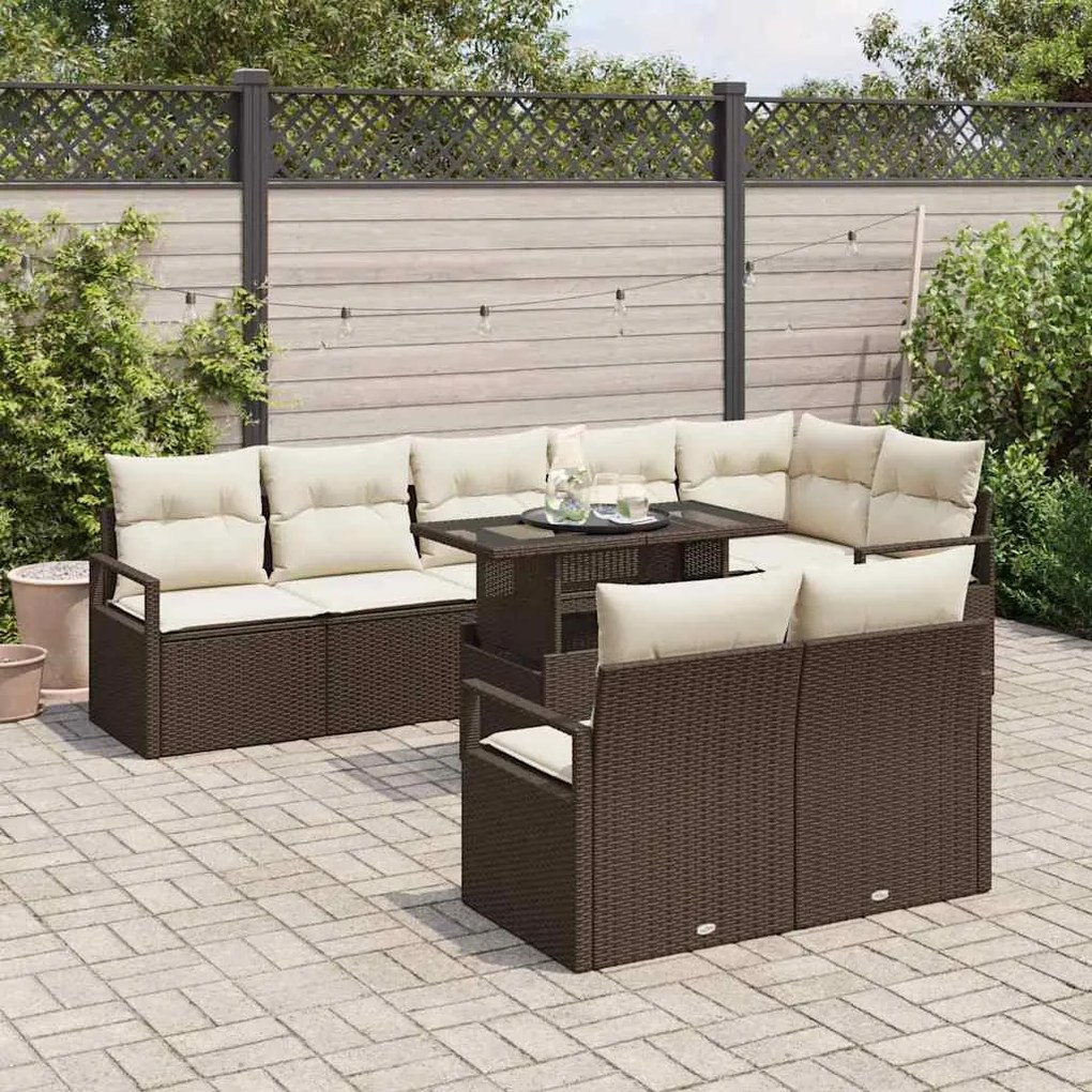 Conjunto de Sofá de Jardim com 9 Peças e Almofadas Castanho Rattan Pol
