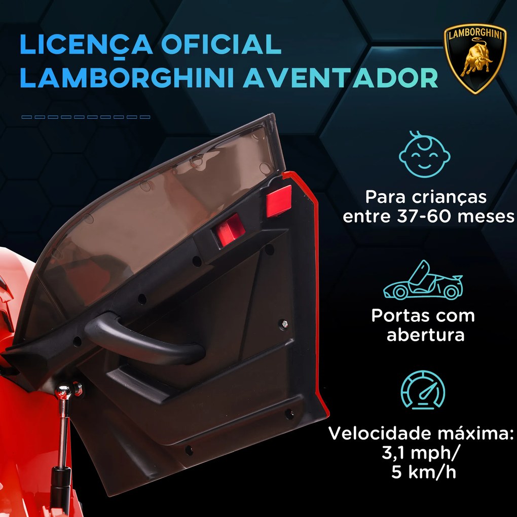 Carro Elétrico Lamborghini para Crianças 12V Velocidade 5km/h Controlo Remoto MP3 e Luzes 107,5x63x42 cm Vermelho