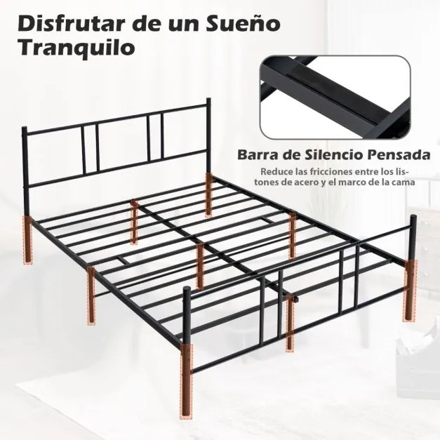 Estrutura de cama metálica com cabeceira e estribo de aço de montagem fácil 200x160 Preto