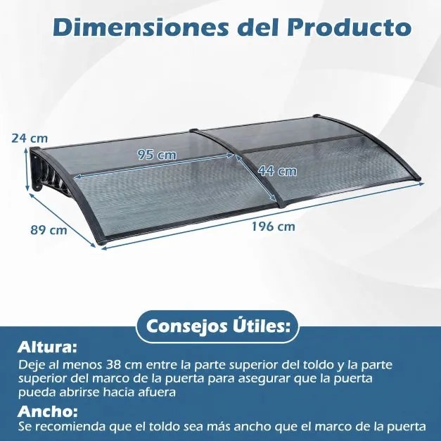Toldo porta ou janela para Entradas, 197 x 89 x 24 cm, Proteção Anti-UV e Contra a Chuva, Cinzento-escuro