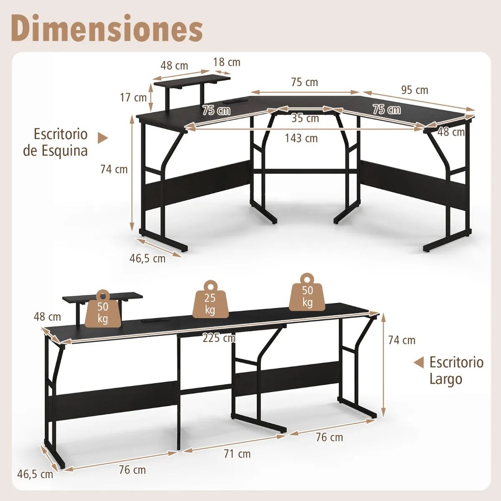 Secretária em forma de L com tomada eléctrica, portas USB e suporte móvel para monitor 225 cm Estação de trabalho para 2 pessoas Preta