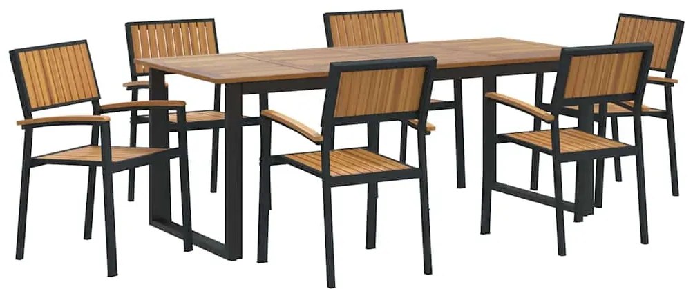 Conjunto de Jantar de 7 Peças em Aço Preto e Madeira de Acácia