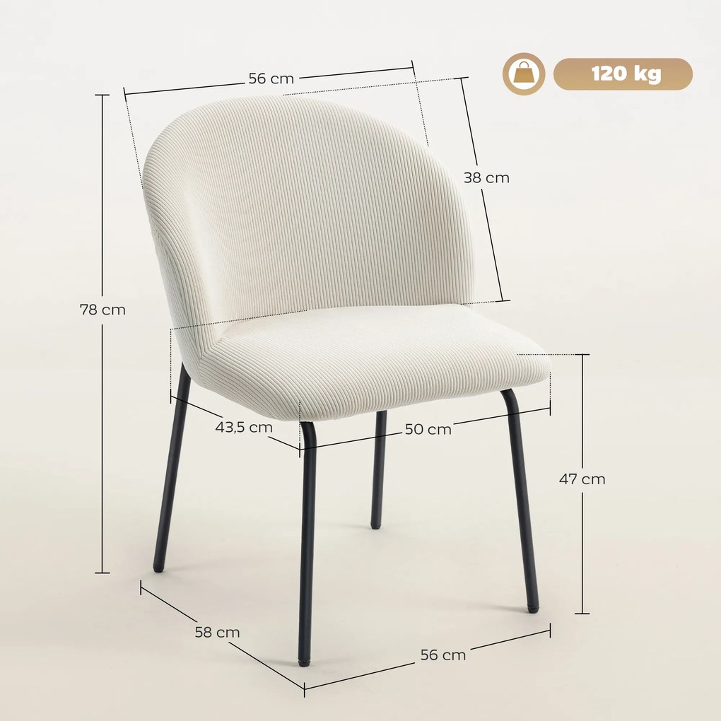 Conjunto de 2 cadeiras de jantar em veludo canelado, cadeiras de cozinha com pés em aço, 56 x 58 x 78 cm, creme