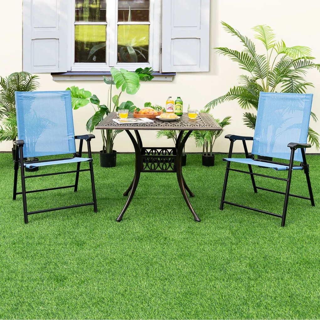 Conjunto de 4 cadeiras de jardim dobráveis e portáteis com encosto em tecido Estrutura metálica para terraço de piscina 65 x 60 x 93 cm Azul