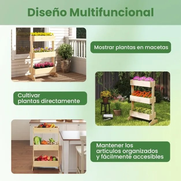 Floreira Elevada 9 x 39 x 109 cm de 3 Níveis para Plantas Estrutura de Madeira para Interiores e Exteriores para Plantas Verduras e Flores natural