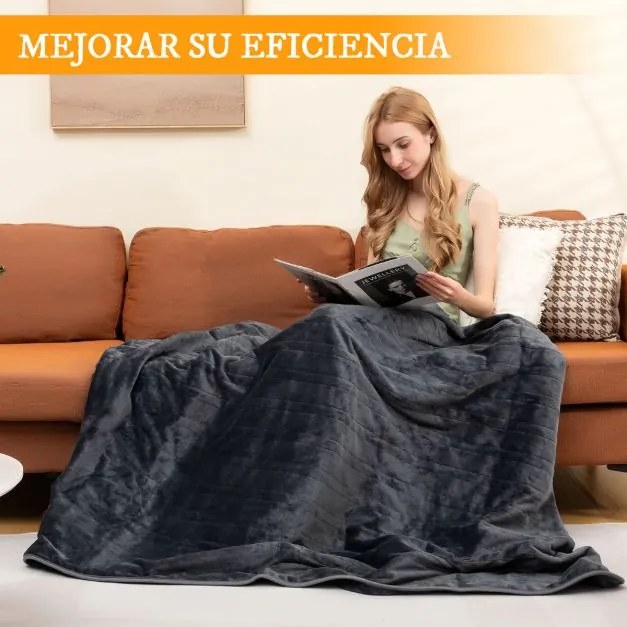 Manta elétrica de flanela 9 regulações de calor 9H Temporizador Lavável à máquina com controlo remoto 180 x 131,5 cm Cinzenta