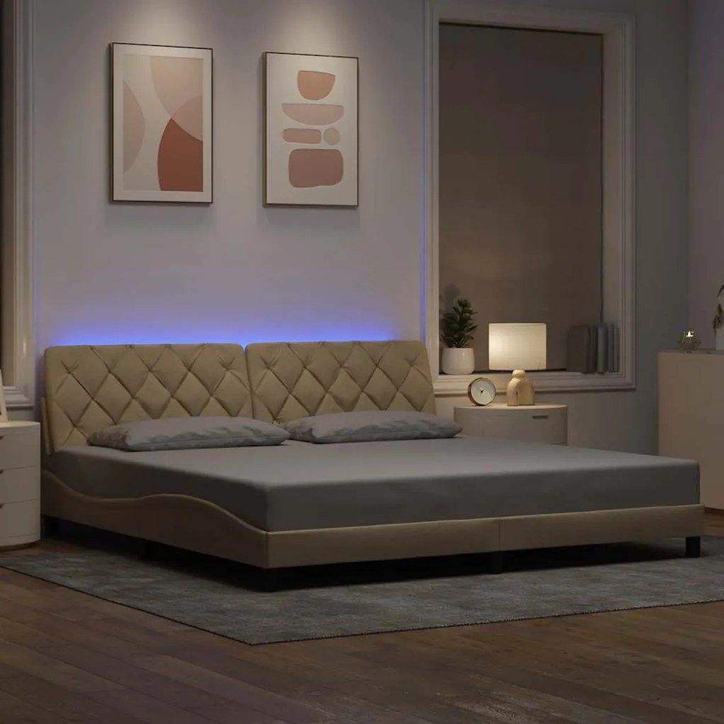 Estrutura de cama com LED sem colchão 200x200 cm tecido creme