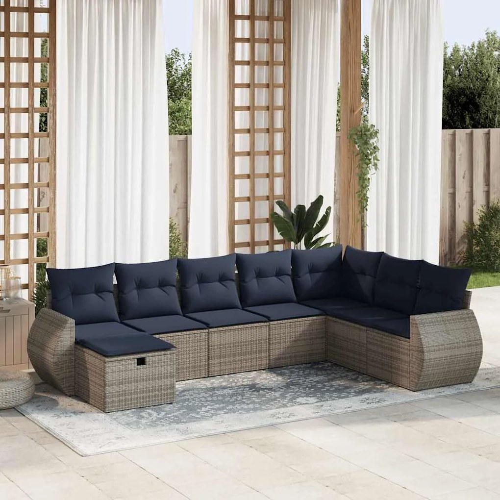 8 pcs conjunto sofás de jardim c/ almofadões vime PE cinzento