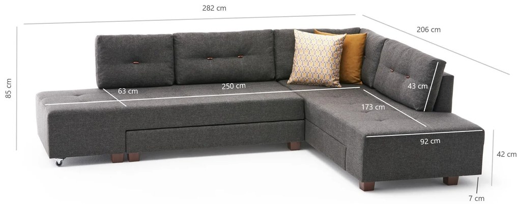 Sofá-cama de canto Manama – Antracite – 280 cm x 85 cm x 206 cm