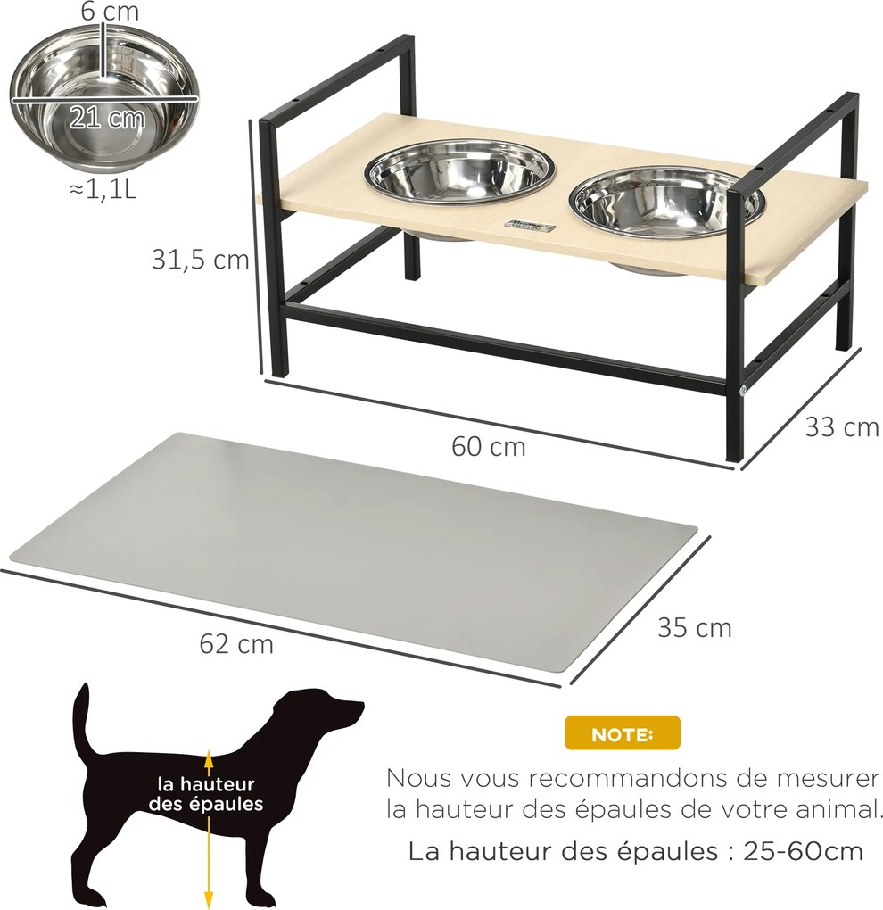 Comedouro elevado para cães com suporte duplo para tigelas, inclui 2 tigelas removíveis em aço, altura ajustável (11/21,5/32 cm) e 1 tapete