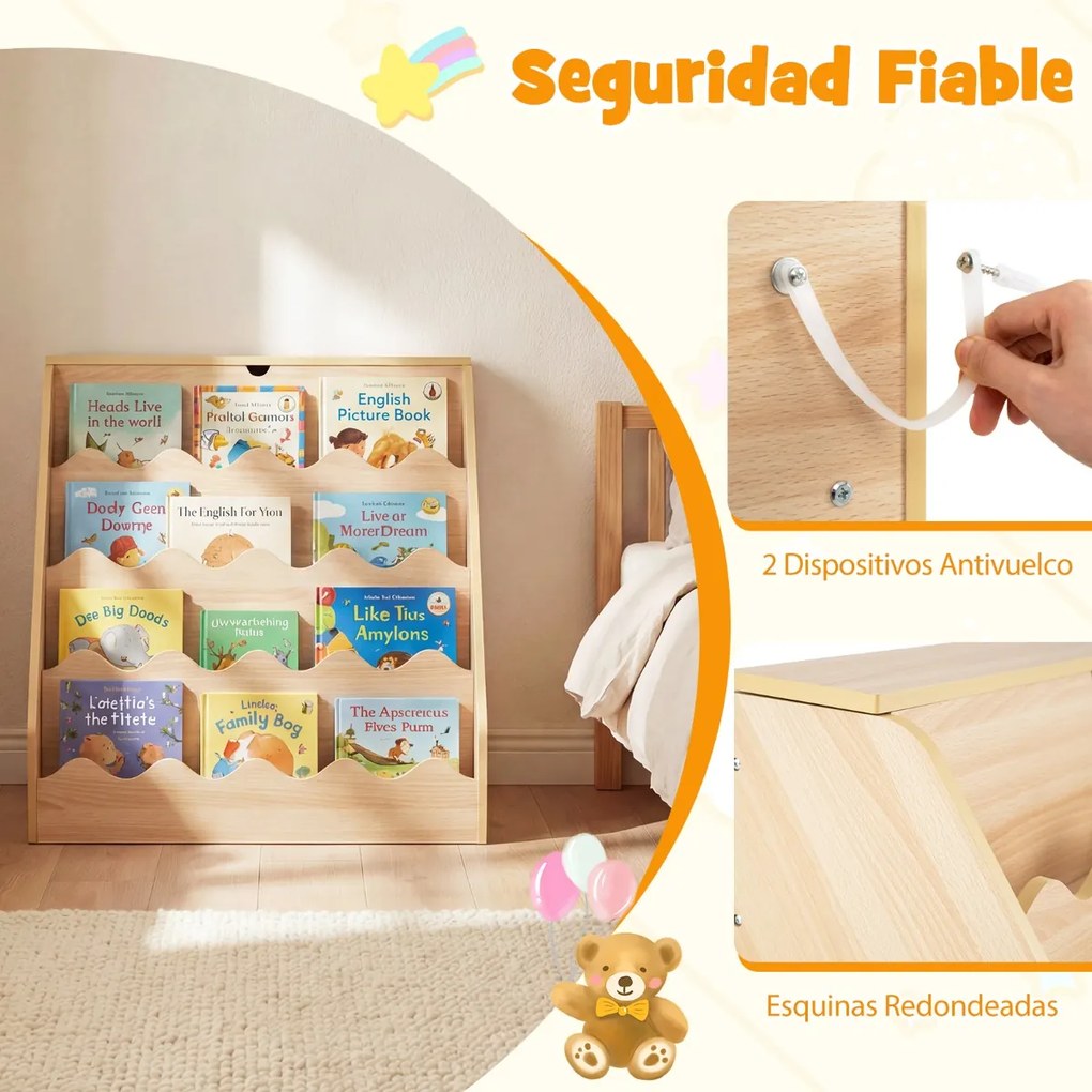 Estante de madeira para crianças 63 x 49 x 61,5 cm com 4 níveis, prateleiras abertas, gaveta com rodízios e caixa com tampa, em tom de madeira natural