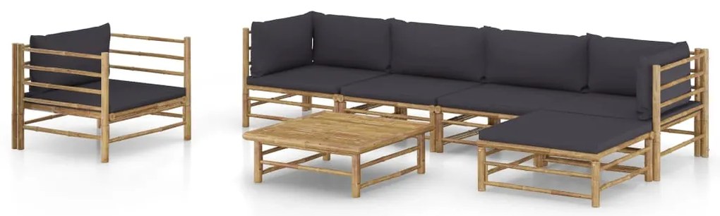 7 pcs conj. lounge jardim em bambu c/ almofadões cinza-escuro