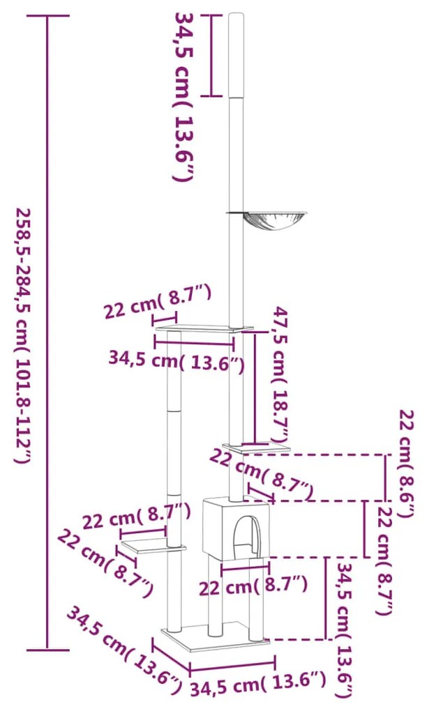 Árvore p/ gatos altura ajustável chão-teto 258,5-284,5 cm creme
