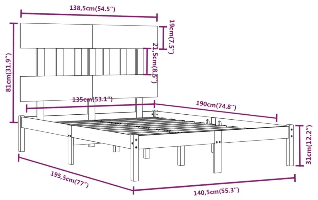 Estrutura de cama dupla 135x190 cm madeira maciça cinzento