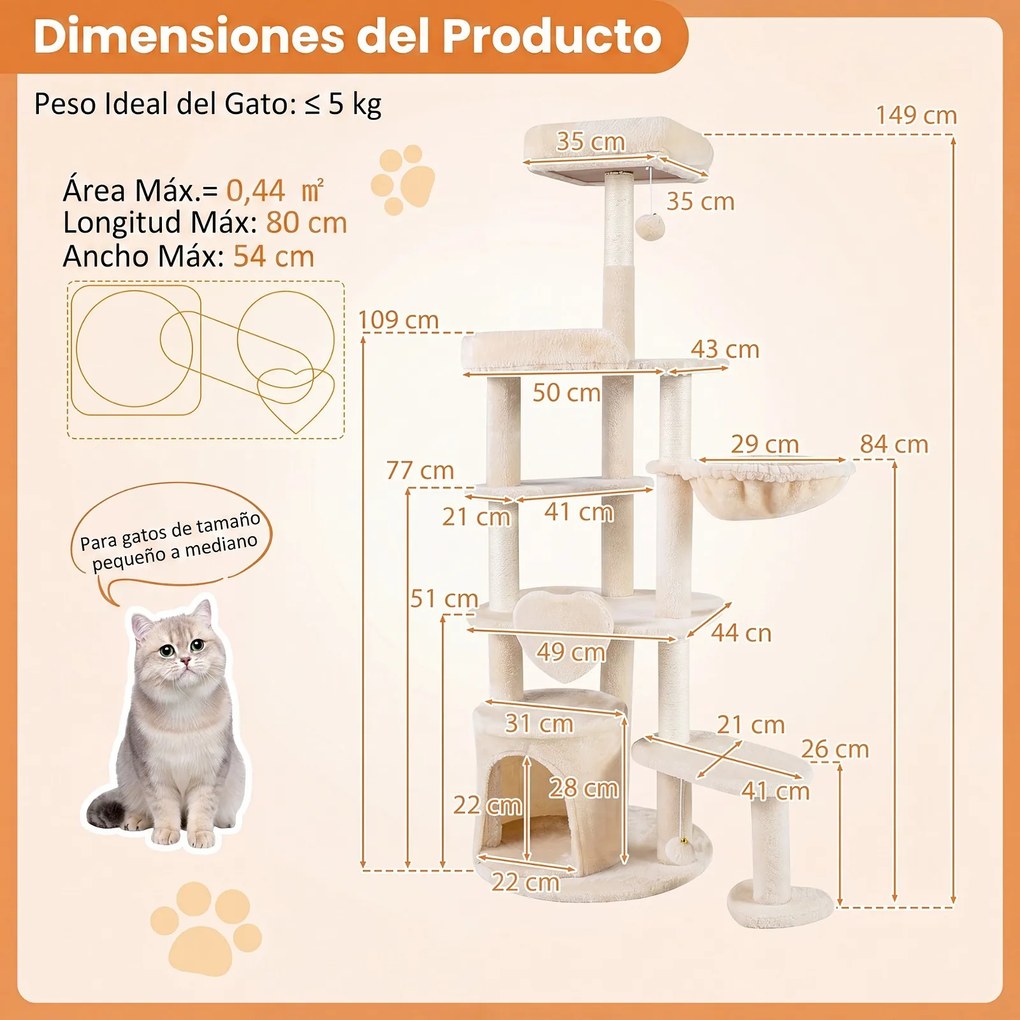 Árvore para Gatos, Altura Total: 149 cm Postes de Sisal Natural, Bege