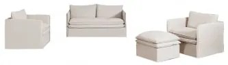 Conjunto De Sala De Estar Com Sofá De 2 Lugares, 2 Poltronas E Pufe Em Linho E Algodão Grace Tecido Beige - Sklum