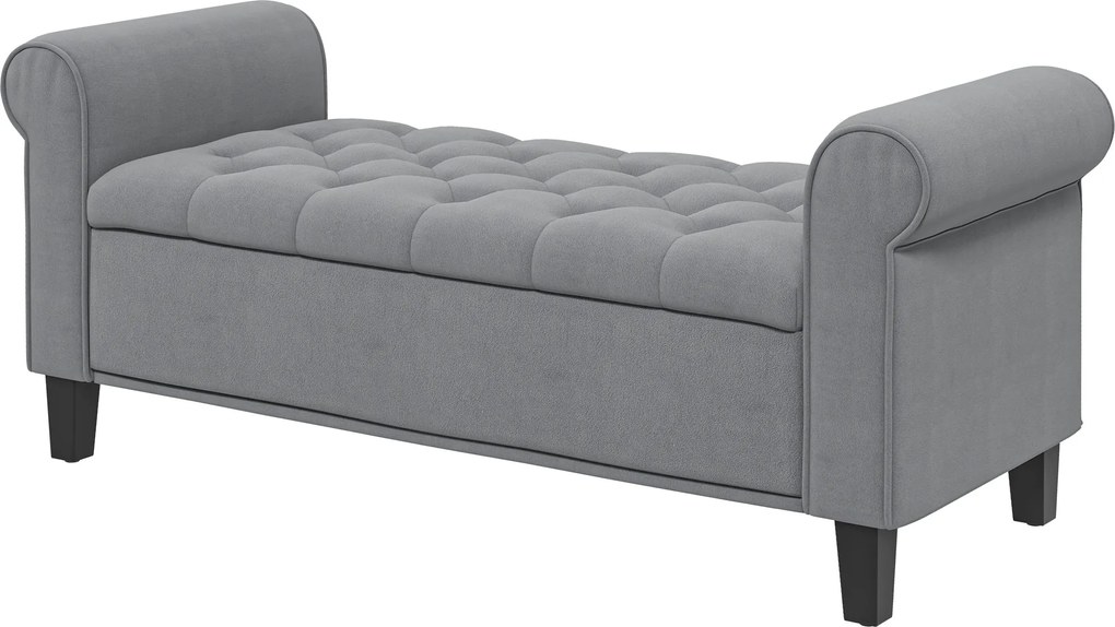 Banco de arrumação para a cabeceira da cama com braços, tecido com efeito de veludo, estofado e acolchoado, 126 x 48,5 x 57 cm, cinzento
